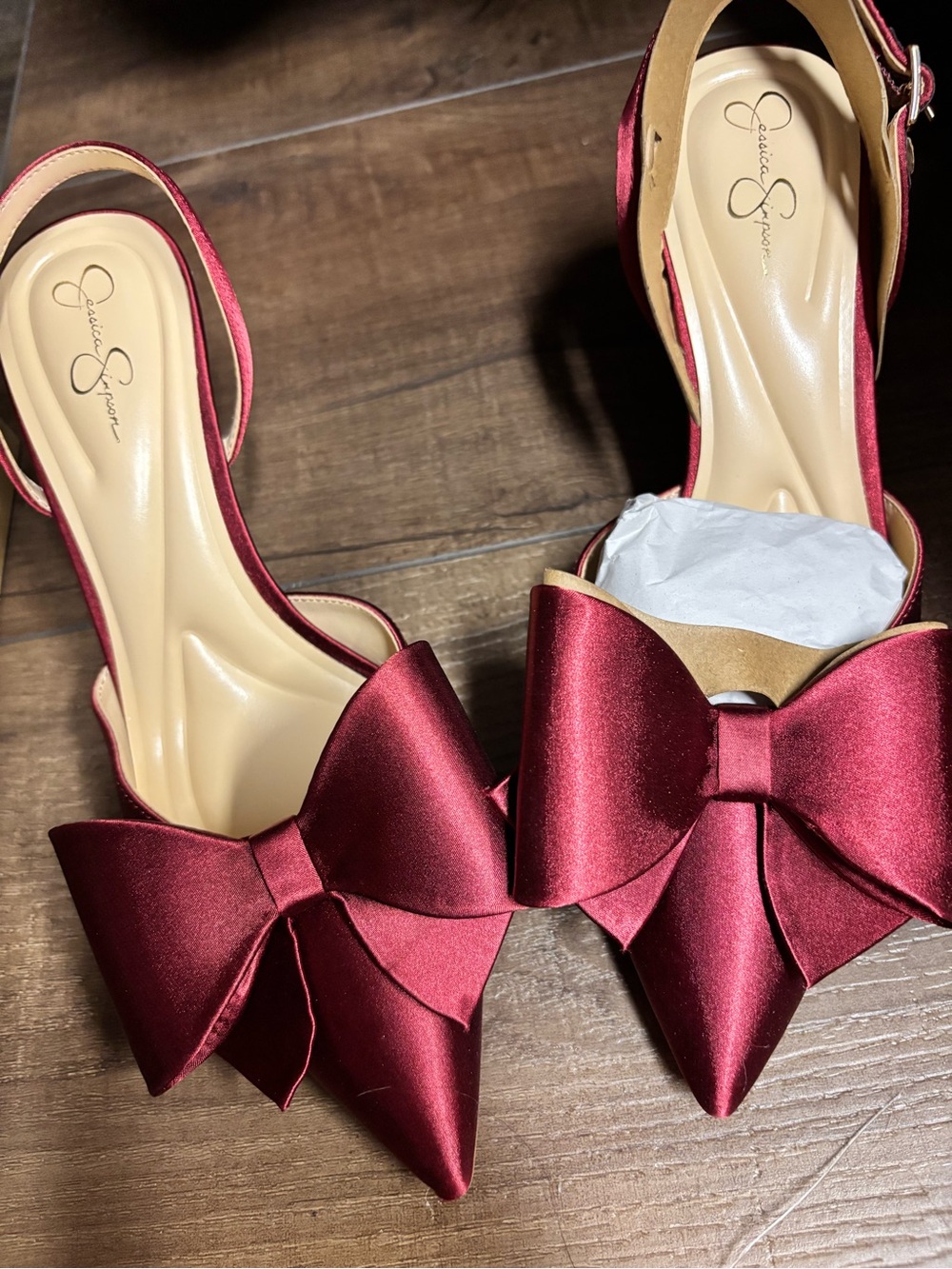 Jessica Simpson Burgundy Satin Pointed Toe Slingback Heels with Bow